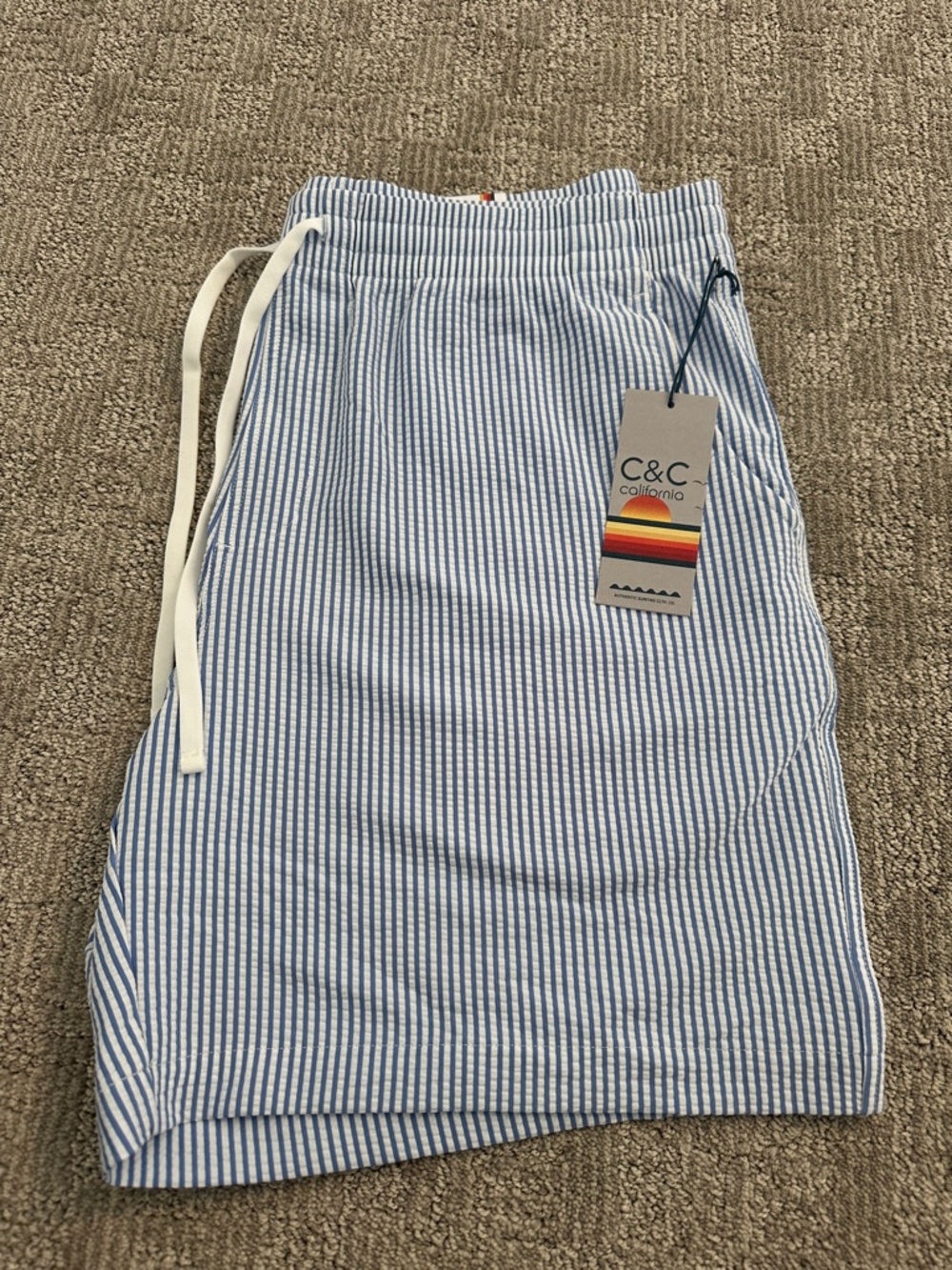 C&C California Men's Blue & White Seersucker Swim Trunks, L NWT
